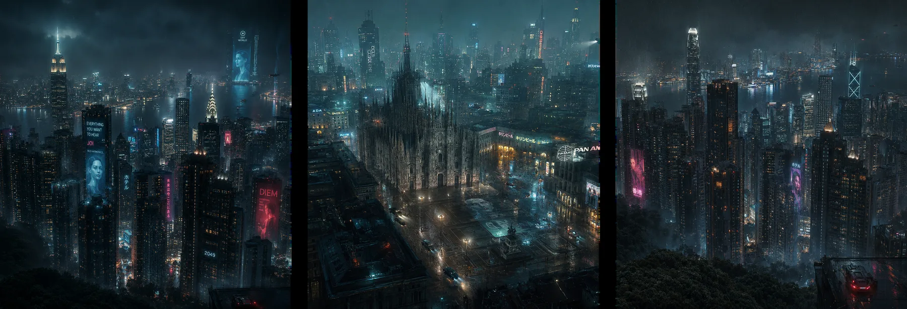New York, Milan, Hong Kong in 2049