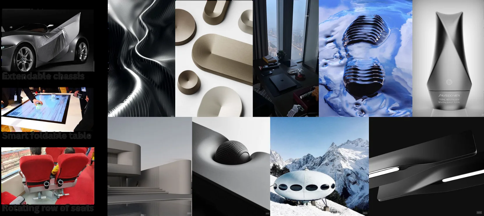 Exterior moodboard — extendable chassis, smart foldable table, rotating row of seats